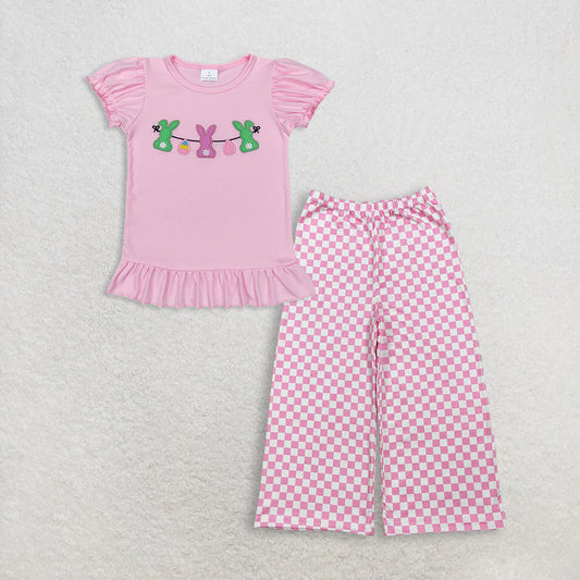 Baby Girls Kids Short Sleeves Embroidery Rabbits Tops Pink Plaid Pants Easter Set RTS