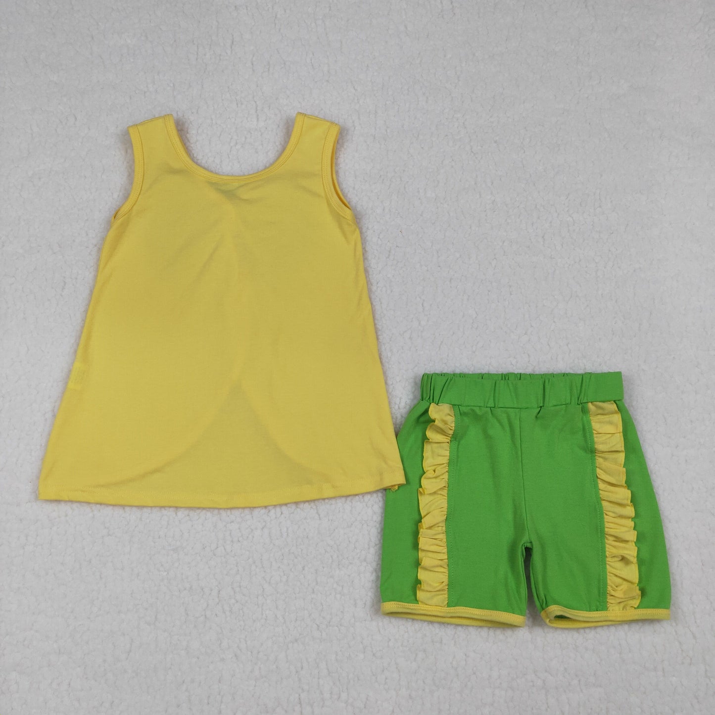 (Baby Girls Yellow Sleeveless Green Bows Tops Ruffle Shorts Set Clothes RTS
