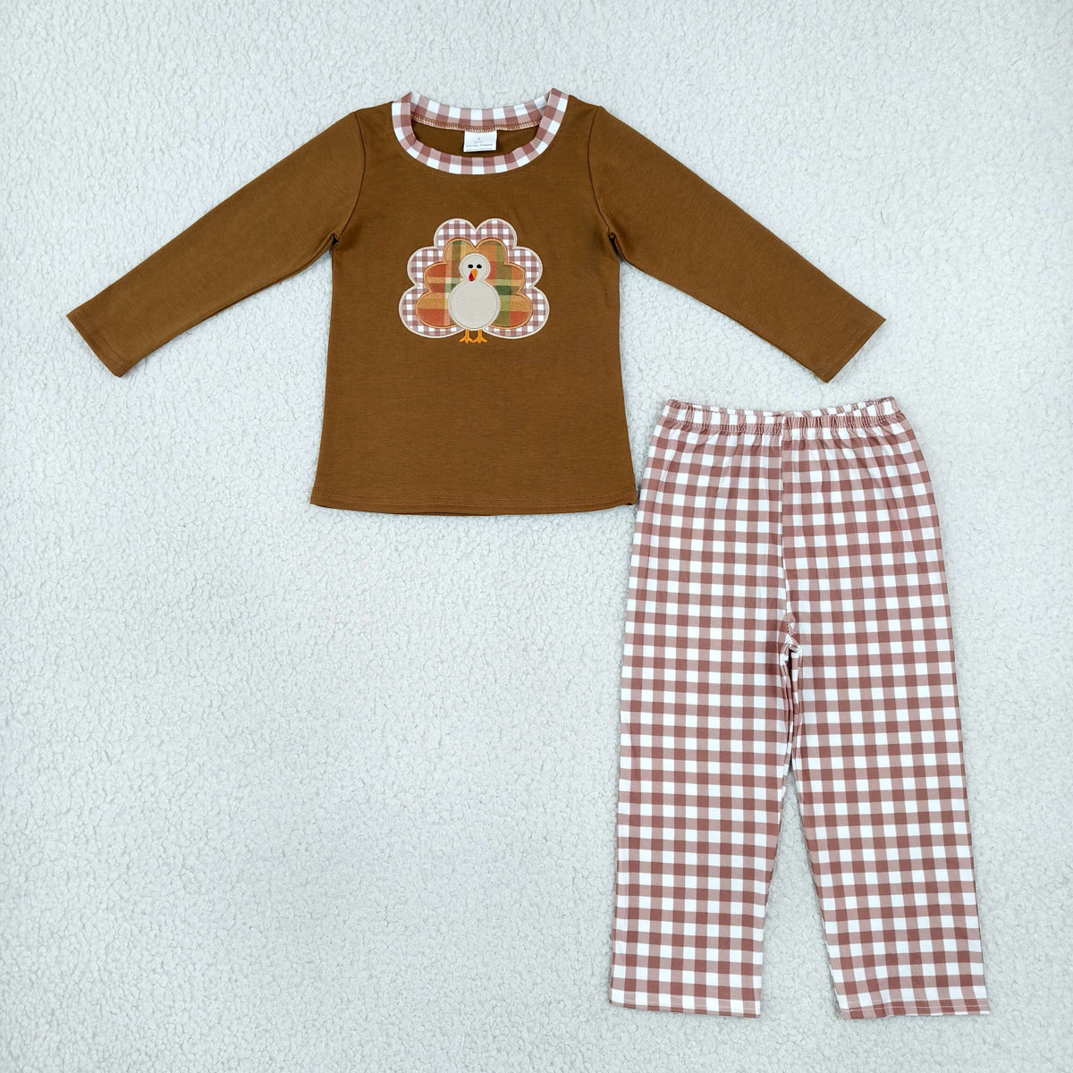 Baby Boy Kids Embroidery turkey Shirt Plaid Pants Thanksgiving Fall Set Clothes RTS