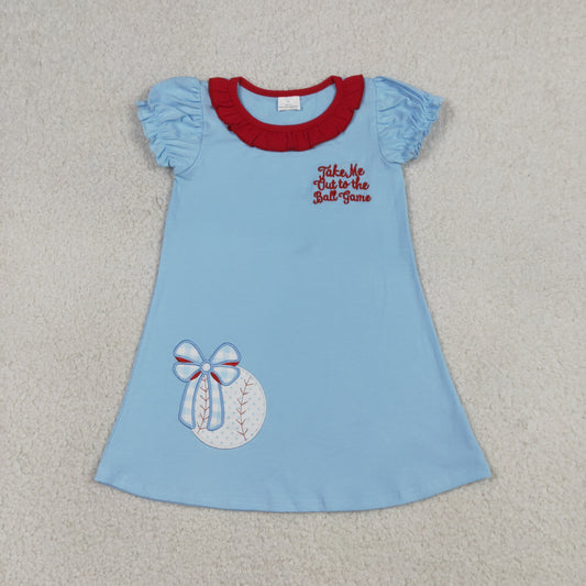 Baby Girls Kids Short Sleeves Embroidery Baseball Bows Blue Knee Length Dress RTS