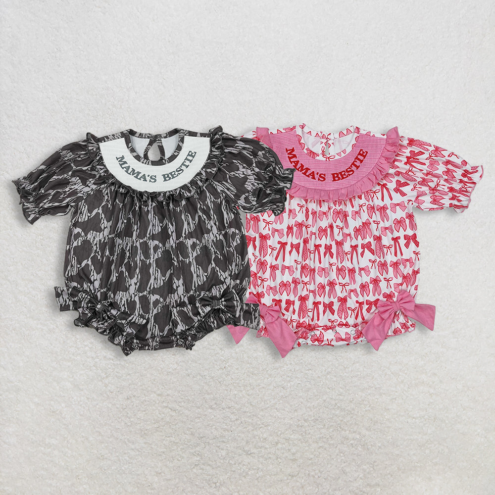 Sibling Baby Girls Kids Embroidery Mama's Bestie Camo Bows Smocked Bubble Rompers RTS
