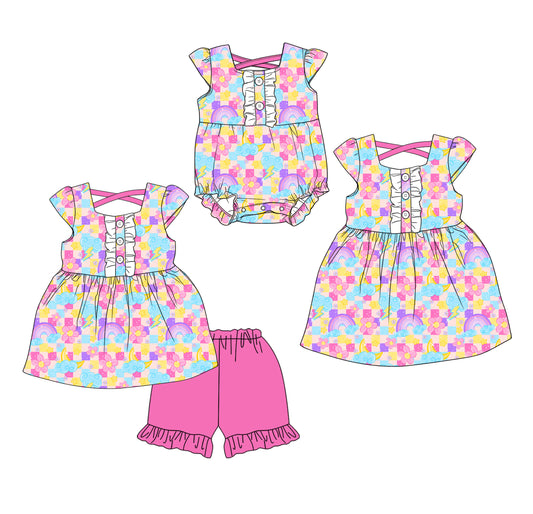 ( Moq 5 Each Style ) Baby Girls Kids Short Sleeves Rainbow Flower Plaid Sibling Romper Dress Set