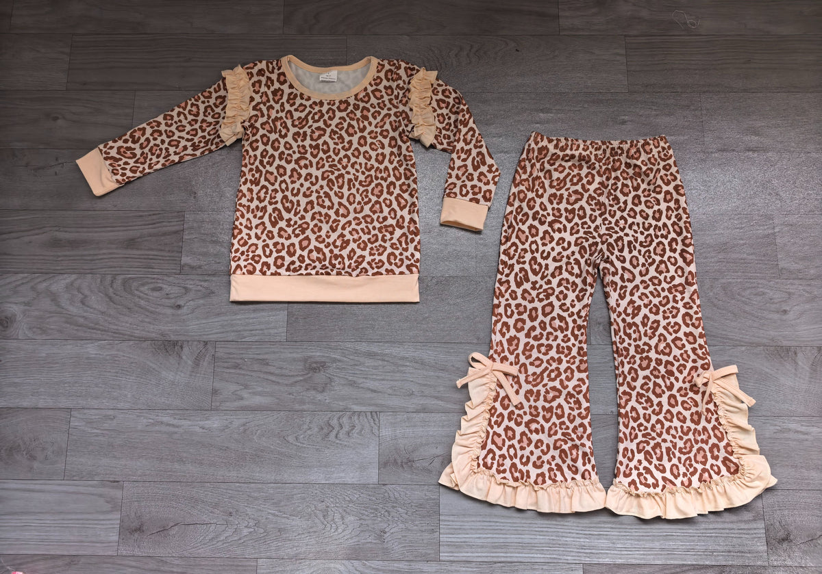 ( No moq ) Preorder Baby Girls Kids Long Sleeves Leopard Shirt Bows Ruffle Pants Set Clothes