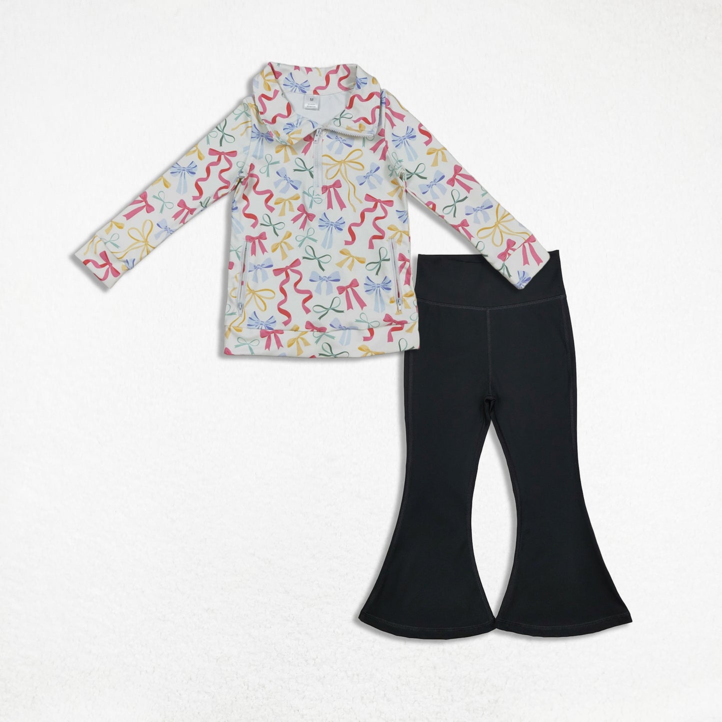 Kids Girls Long Sleeves Bows Zipper Pockets Cardigan Black Pants Yoga Active Set RTS