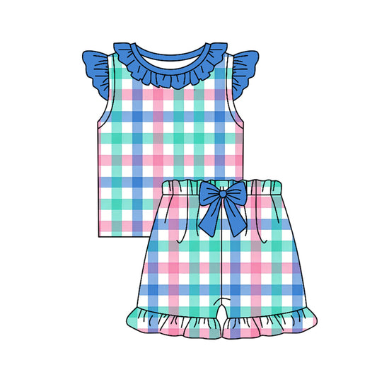 ( Moq 5 ) Preorder Baby Girl Kids Blue Short Sleeves Plaid Tops Bows Shorts Set Summer Clothes