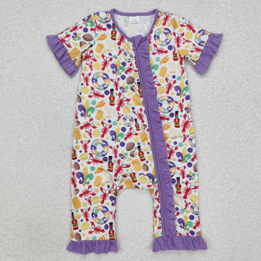 Baby Girl Infant Short Sleeves Mardi Gras Anchor Crawfish Zipper Romper