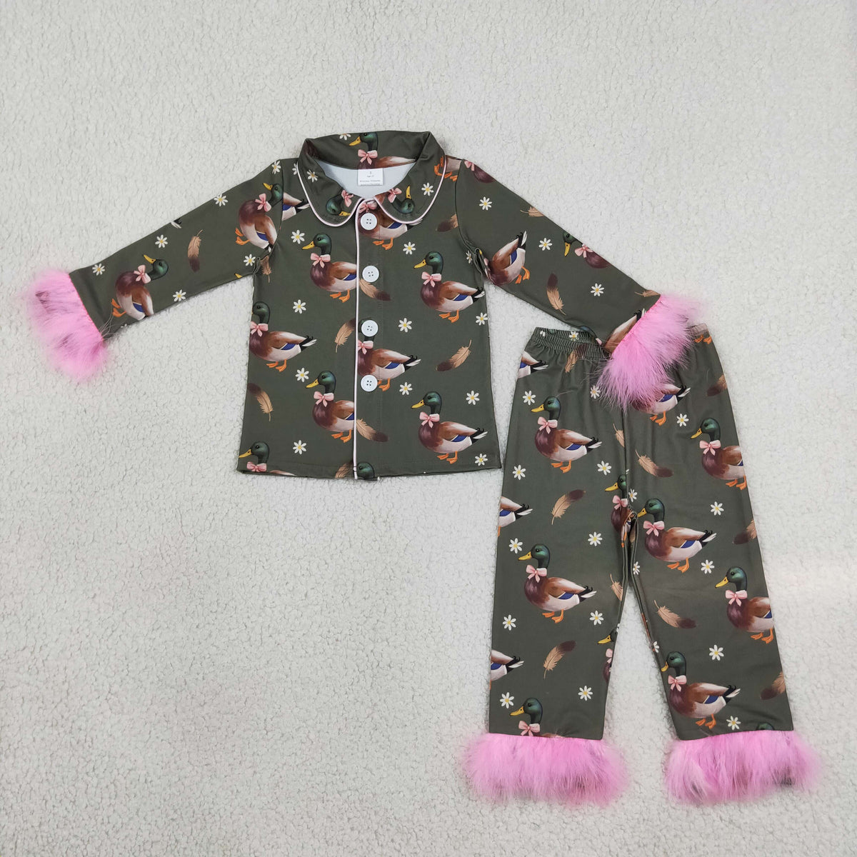 Baby Girls Kids Ducks Bows Flower Buttons Shirt Pink Fur Pants Pajamas Set Clothes RTS