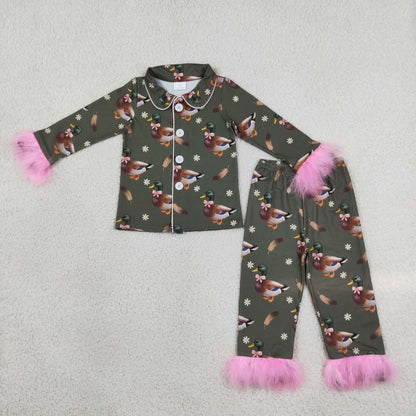 Sibling Baby Girls Adult Women Ducks Flower Buttons Shirts Pants Fur Pajamas Hunting Sets RTS