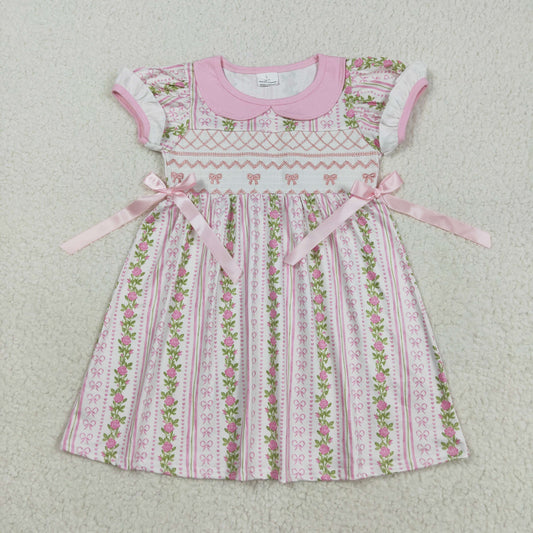 Baby Girl Short Sleeves Smocked Embroidery Flower Bows Pink Summer Knee Length Dress RTS