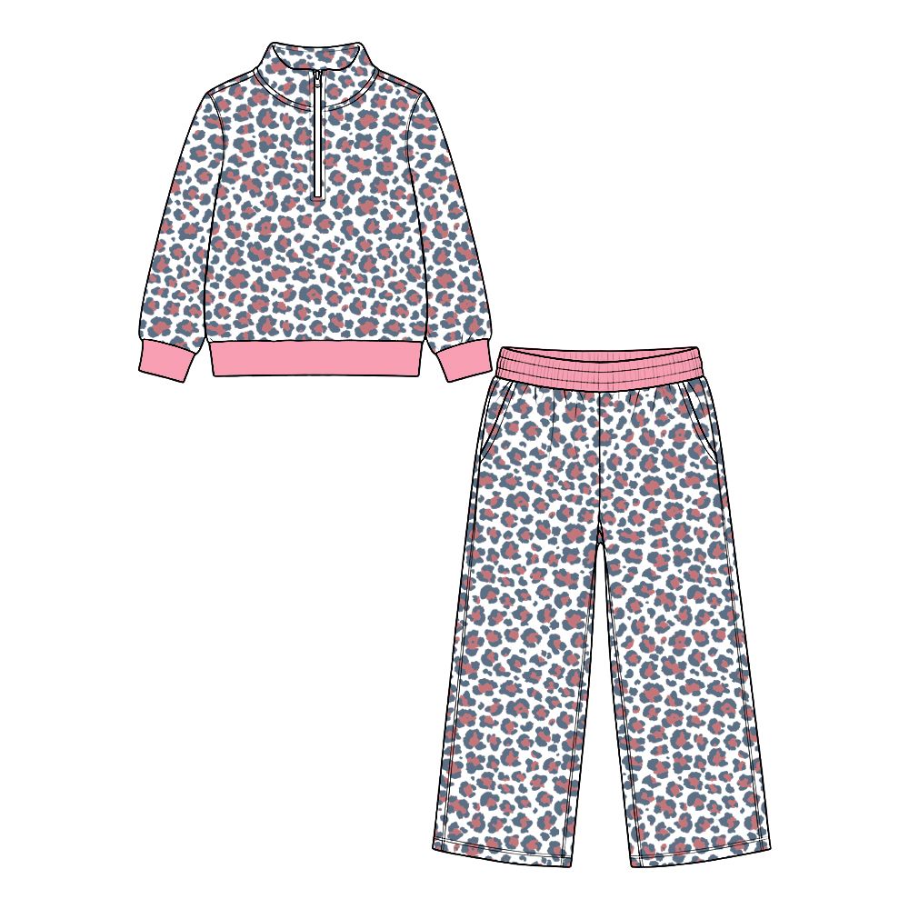 ( Moq 5 ) Preorder Baby Girls Kids Leopard Long Sleeves Zipper Pullover Shirt Pockets Pants Set Clothes
