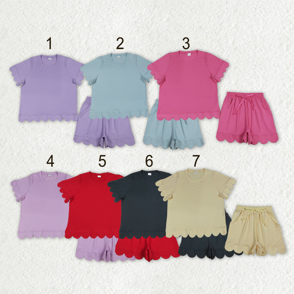 Sibling Adult Women Short Sleeves Shirts Pockets Shorts Cotton Sets Scallop Clothes