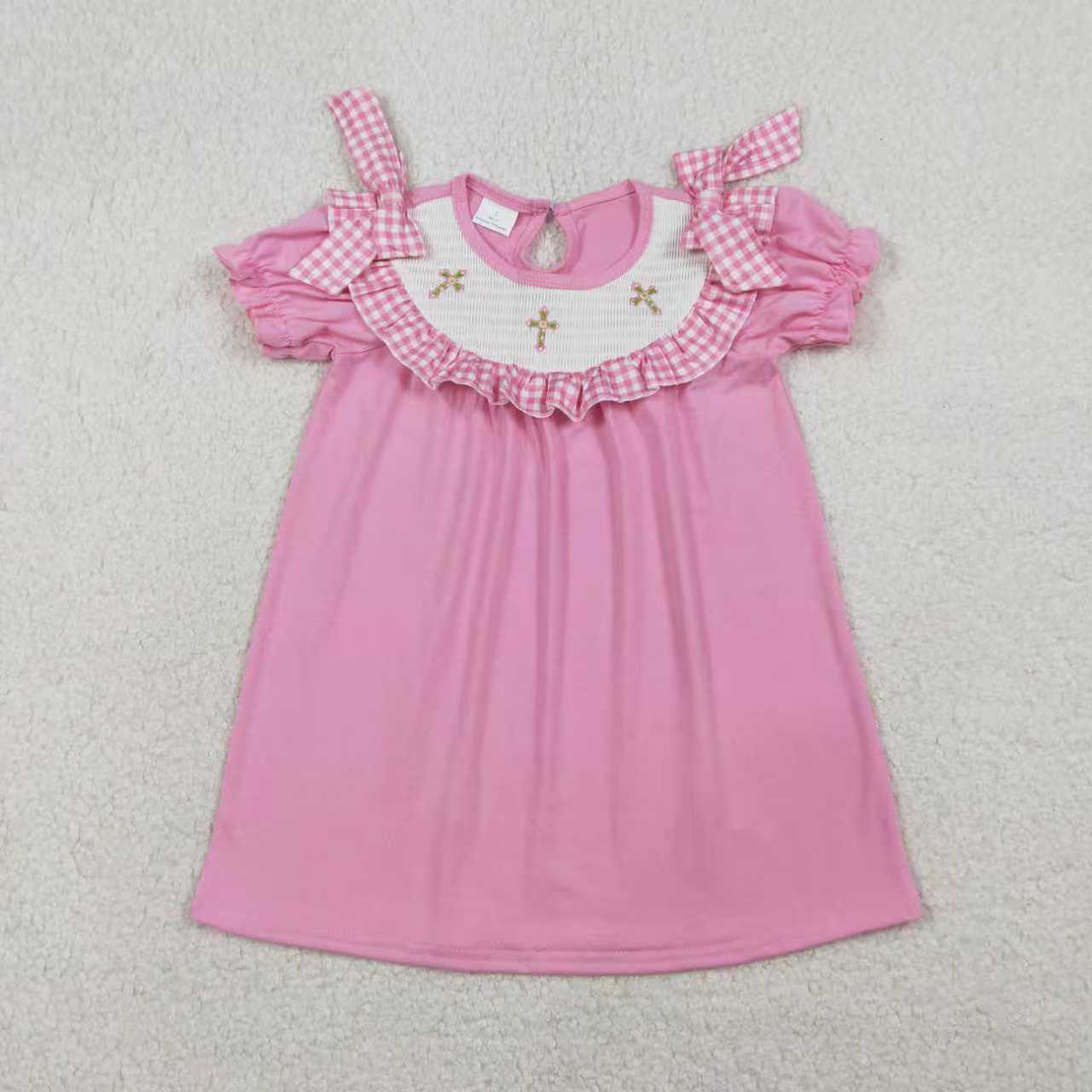 Sibling Baby Girls Short Sleeves Embroidery Smocked Floral Crosses Easter Pink Romper Dress RTS