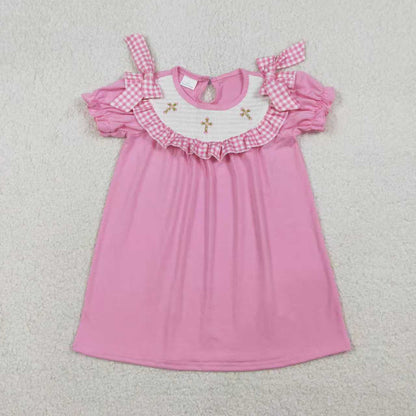 Sibling Baby Girls Short Sleeves Embroidery Smocked Floral Crosses Easter Pink Romper Dress RTS