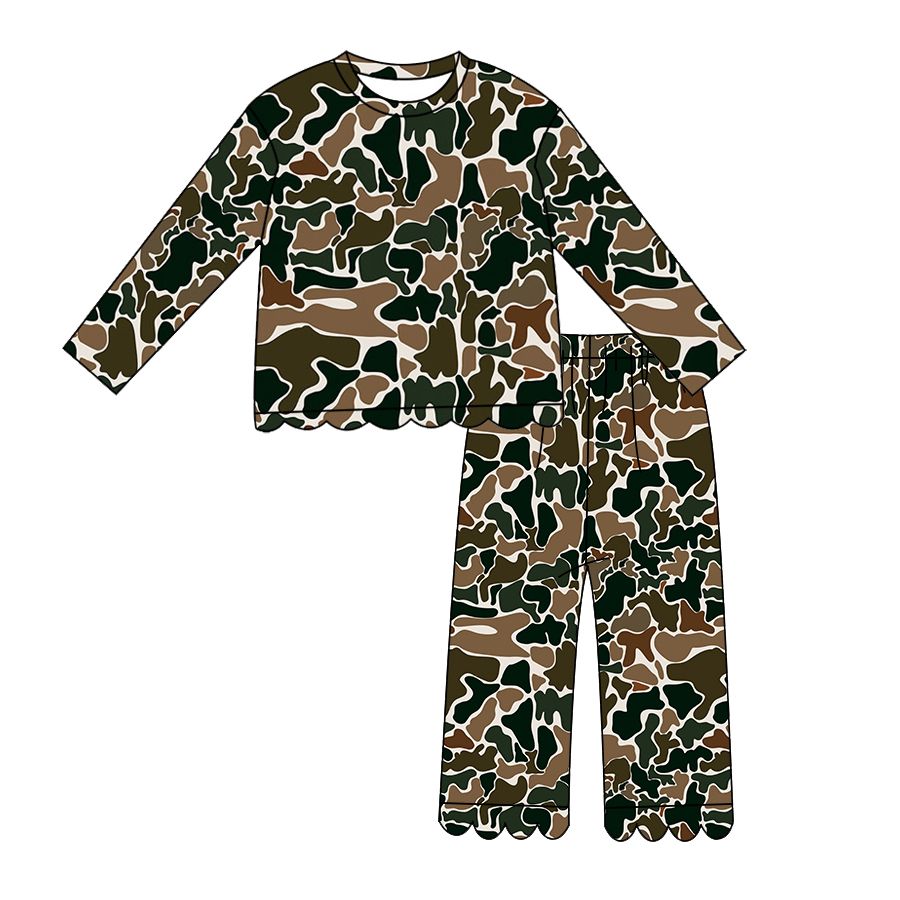 ( Moq 5 ) Preorder Baby Girls Kids Long Sleeves Brown Camo Shirt Pants Scallop Set Clothes