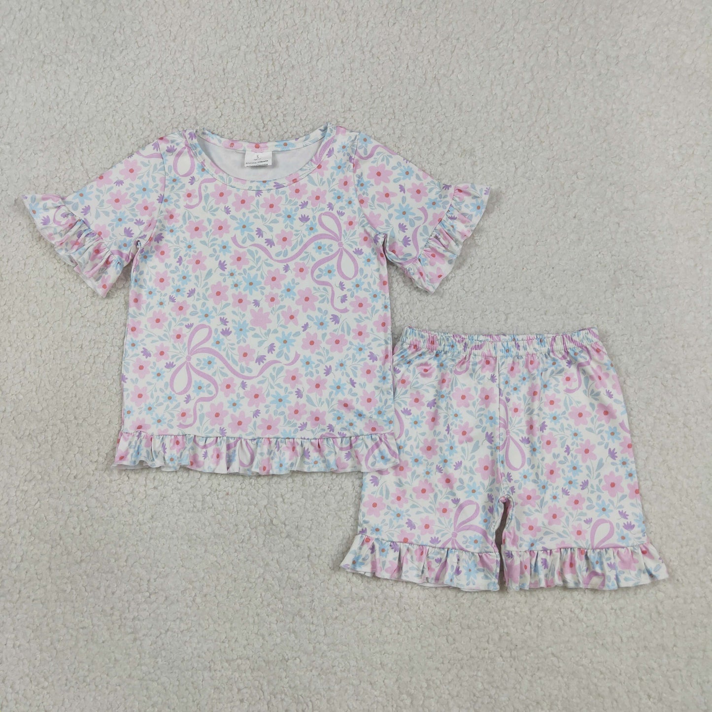 Baby Girls Kids Short Sleeves Bows Flower Shirt Shorts Summer Clothes Set RTS