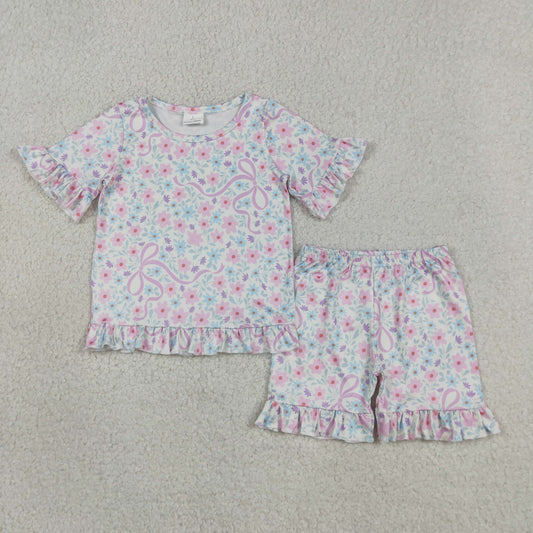 Baby Girls Kids Short Sleeves Bows Flower Shirt Shorts Summer Clothes Set RTS