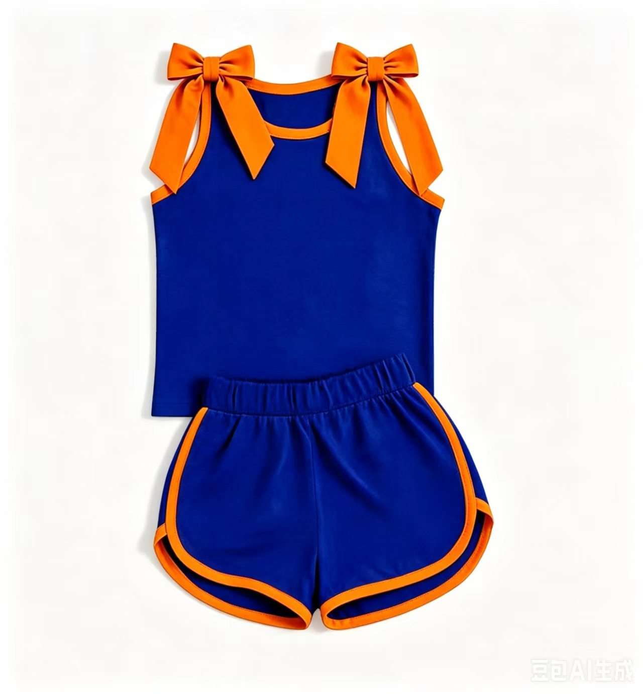 ( Moq 5 ) Preorder Baby Girls Kids Orange Trim Sleeveless Bows Shirt Shorts Blue Set Summer Clothes