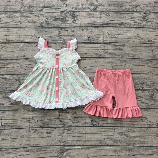 ( No moq ) Preorder Baby Girls Sleeveless Flowers Buttons Tunic Pink Ruffle Shorts Clothes Set