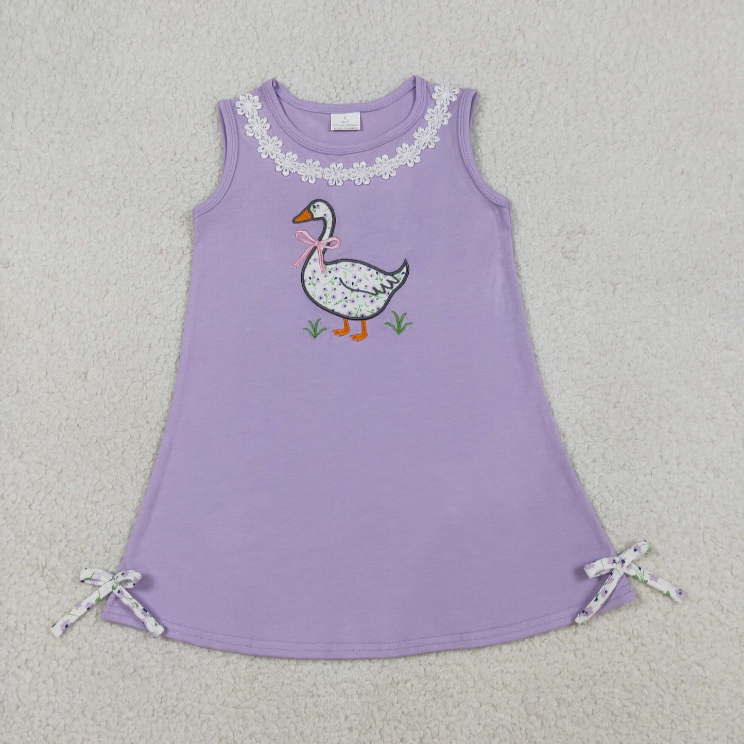Baby Girls Sleeveless Embroidery Floral Duck Bows Purple Knee Length Dress RTS