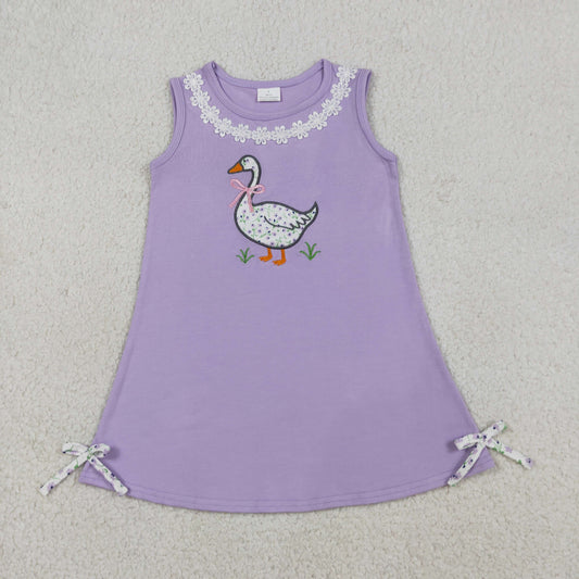Sibling Baby Girls Sleeveless Embroidery Floral Duck Bows Purple Dress Sets Clothes RTS