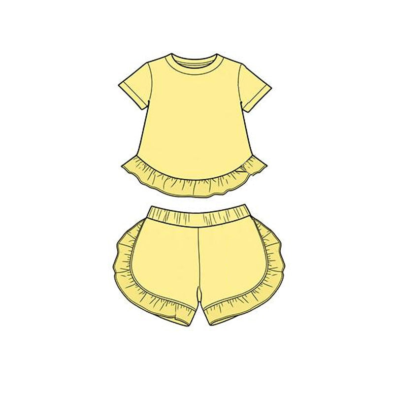 ( Moq 5 ) Preorder Baby Girl Kids Short Sleeves Yellow Ruffle Tops Shorts Cotton Set Summer Clothes