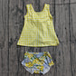 ( No moq ) Preorder Baby Girls Toddler Sleeveless Plaid Tops Yellow Blue Flower Bummie Shorts Set
