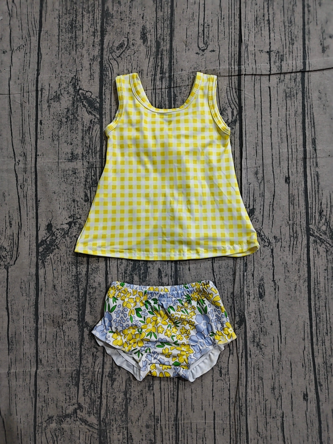 ( No moq ) Preorder Baby Girls Toddler Sleeveless Plaid Tops Yellow Blue Flower Bummie Shorts Set
