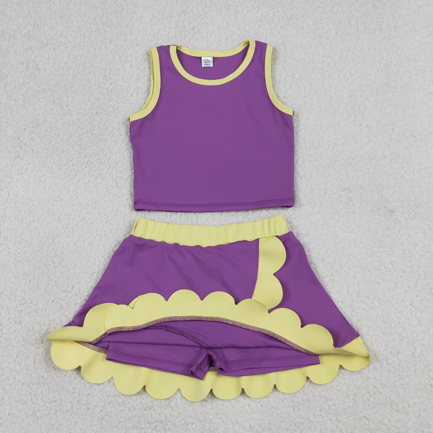 Baby Girls Kids Purple Tops Scallop Skirt Shorts Yoga Active Set Summer Clothes RTS