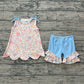 ( No moq ) Preorder Baby Girls Kids Sleeveless Flower Scallop Tops Blue Ruffle Shorts Summer Set