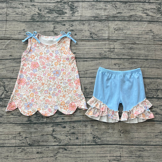 ( No moq ) Preorder Baby Girls Kids Sleeveless Flower Scallop Tops Blue Ruffle Shorts Summer Set