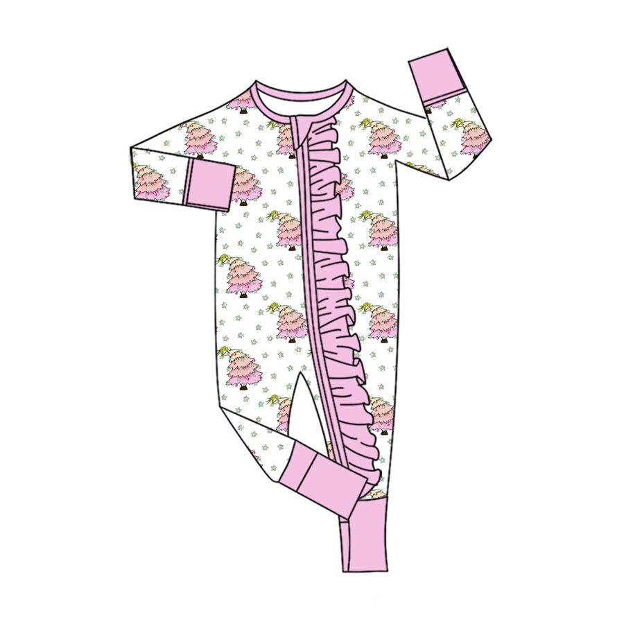 ( Moq 5 ) Preorder Baby Girls Kids Christmas Tree Pink Ruffle Zipper Sleeper Footie Romper Clothes