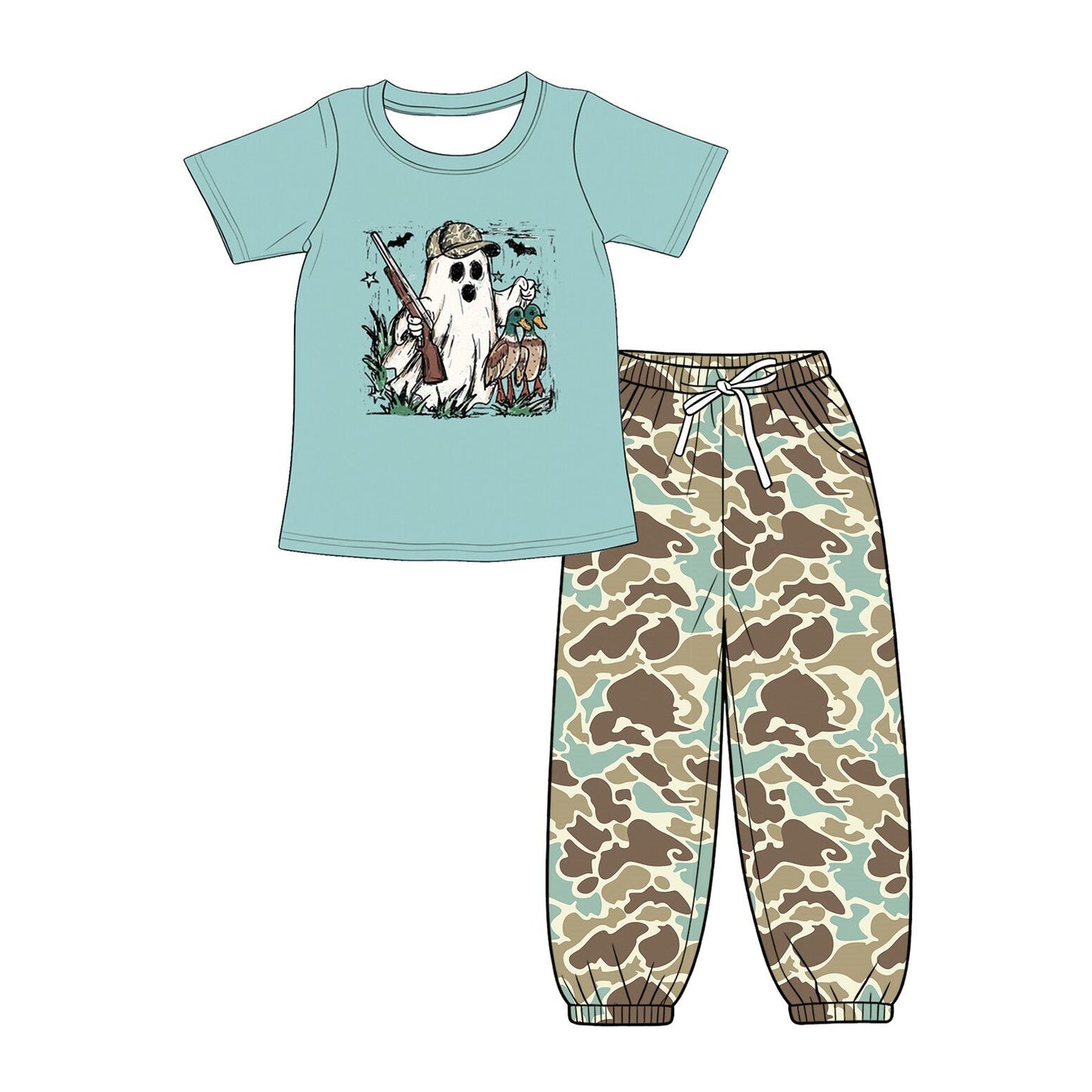 ( Moq 5 ) Preorder Baby Boys Kids Ghost Ducks Shirt Camo Pockets Pants Hunting Halloween Set Green Clothes