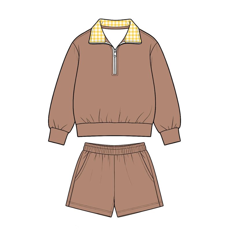 ( Moq 5 ) Preorder Baby Girls Kids Long Sleeves Zipper Pullover Pockets Shorts Brown Set Cotton Clothes