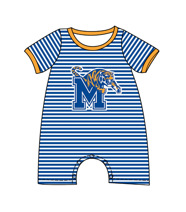 ( Moq 5 ) Baby Boys Kids Short Sleeves Blue Stripes Tiger Team Romper
