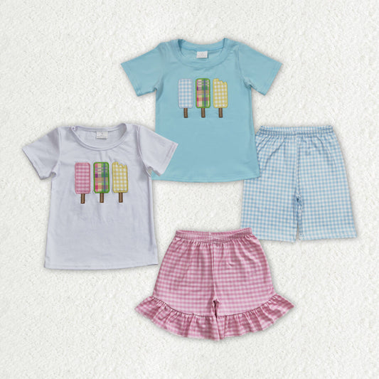 Sibling Boy Girl Short Sleeves Embroidery Popsicles Shirt Plaid Shorts Sibling Set RTS