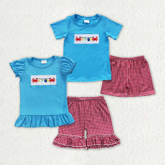 Sibling Boy Girl Short Sleeves Embroidery Crabs Shirt Plaid Shorts Sibling Set RTS