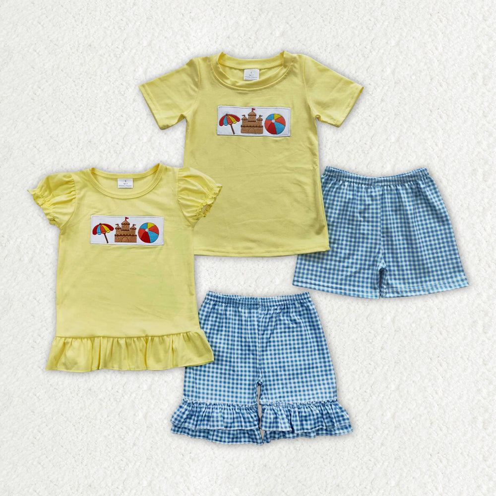 Sibling Boy Girl Short Sleeves Embroidery Beach Yellow Shirt Plaid Shorts Sibling Set RTS