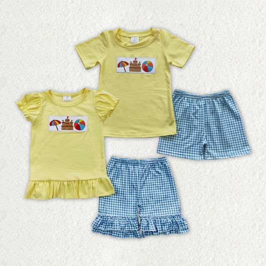 Sibling Boy Girl Short Sleeves Embroidery Beach Yellow Shirt Plaid Shorts Sibling Set RTS
