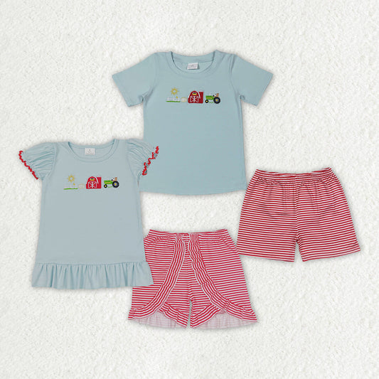 Sibling Boy Girl Short Sleeves Embroidery Farm Tractor Shirt Stripes Shorts Sibling Set RTS