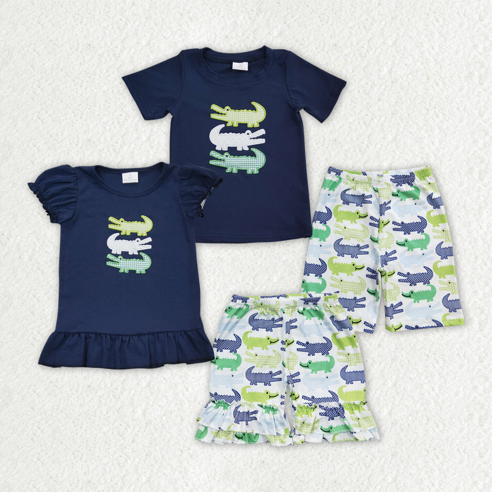 Sibling Boy Girl Short Sleeves Embroidery Shirt Shorts Sibling Set RTS