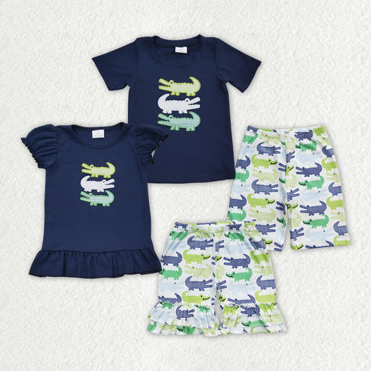 Sibling Boy Girl Short Sleeves Embroidery Shirt Shorts Sibling Set RTS