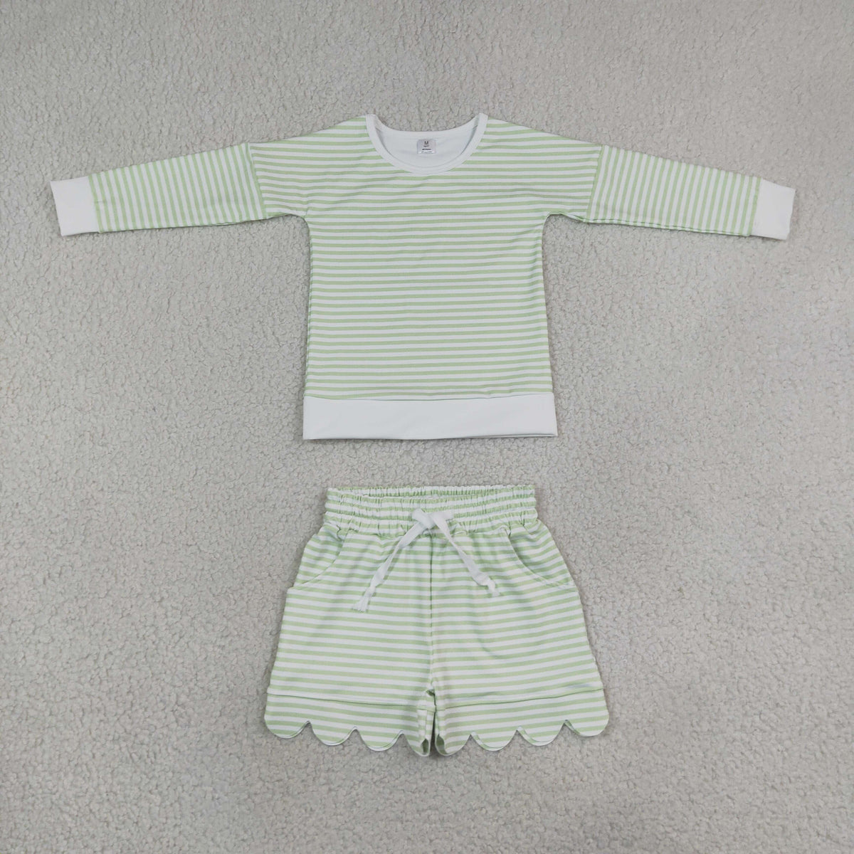 Baby Girls Kids Long Sleeves Green Stripes Shirt Scallop Shorts Set Yoga Active Clothes RTS