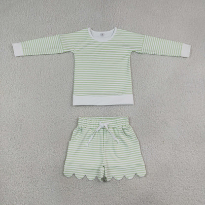 Sibling Baby Girls Kids Long Sleeves Stripes Shirts Scallop Shorts Sets Yoga Active Clothes RTS