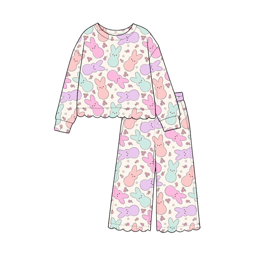 ( Moq 5 ) Preorder Baby Girls Kids Long Sleeves Rabbits Floral Shirt Pants Scallop Set Easter Clothes