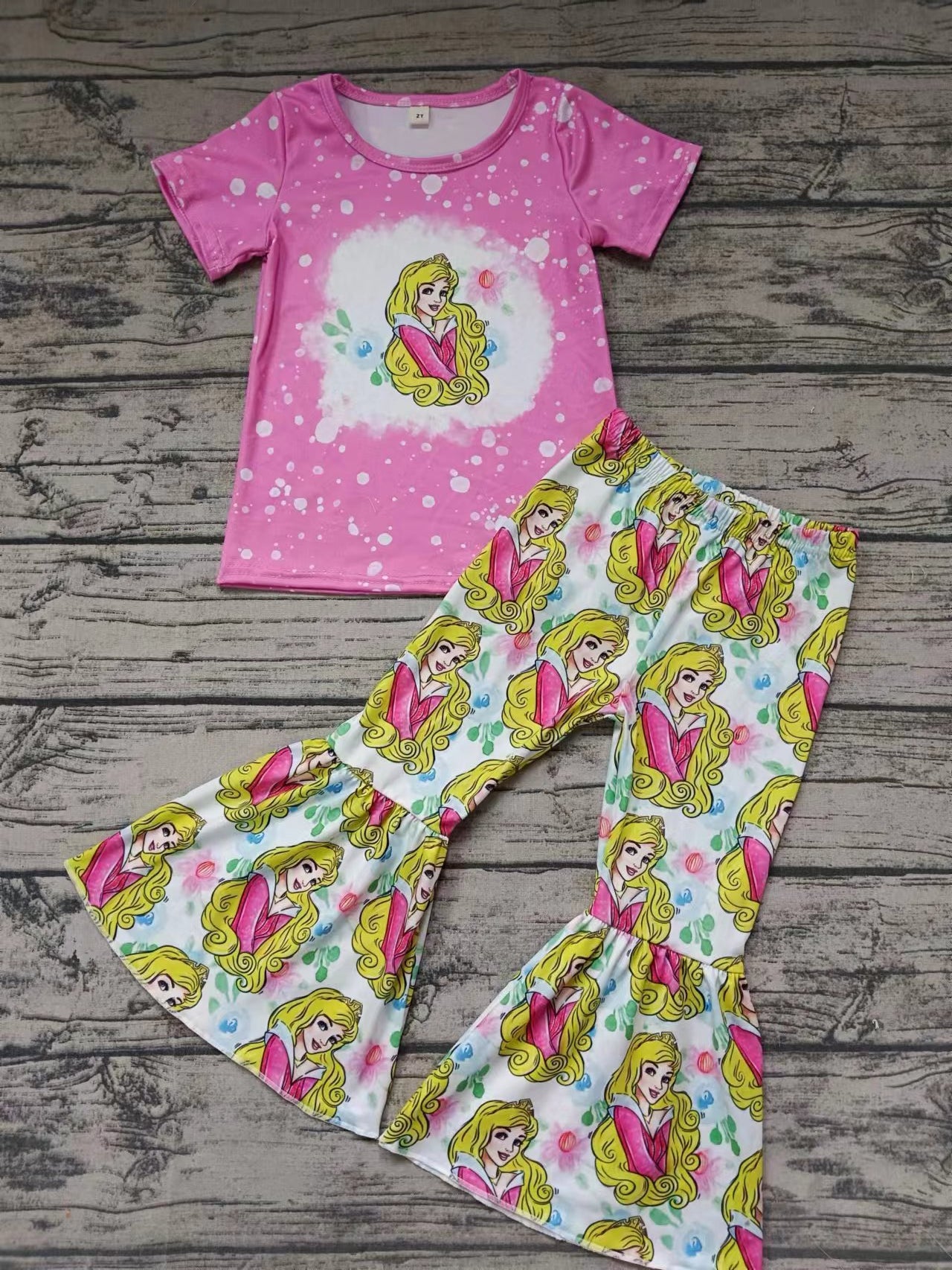 Moq 5 Baby Girl Pink Short Sleeves Princess Shirt Bell Pants Set
