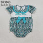Baby Girls Embroidery Smocked Mama's Bestie Turquoise Print Green Bows Western Summer Bubble Romper RTS