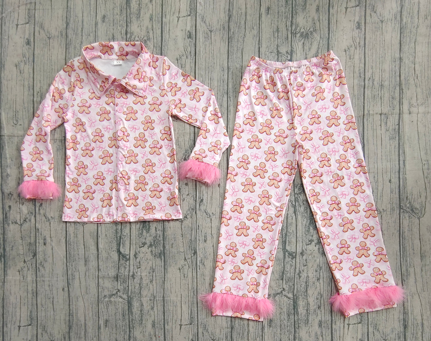 ( No moq ) Preorder Adult Woman Pink Fur Long Sleeves Gingerbread Bows Buttons Shirt Pants Christmas Pajamas Set