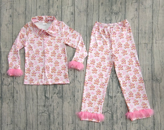 ( No moq ) Preorder Adult Woman Pink Fur Long Sleeves Gingerbread Bows Buttons Shirt Pants Christmas Pajamas Set