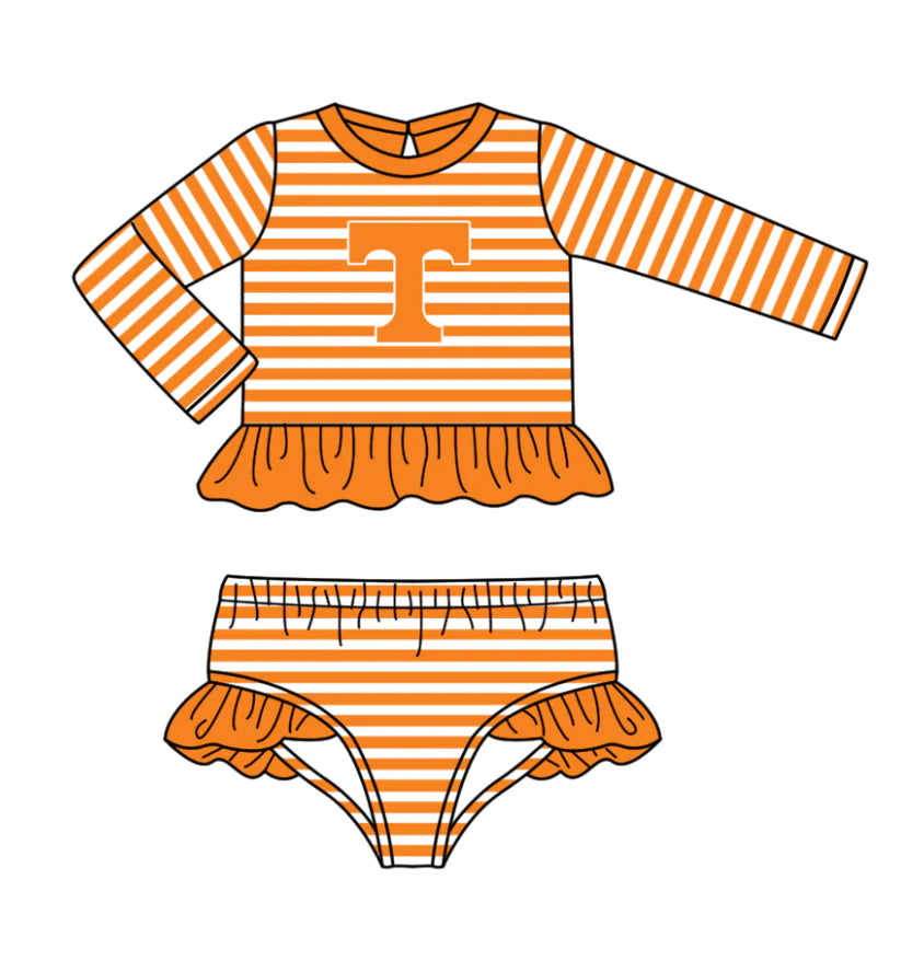 ( Moq 5 ) Baby Girls Long Sleeves T Ruffle Tops Orange Stripes Shorts Team Set Swimsuit