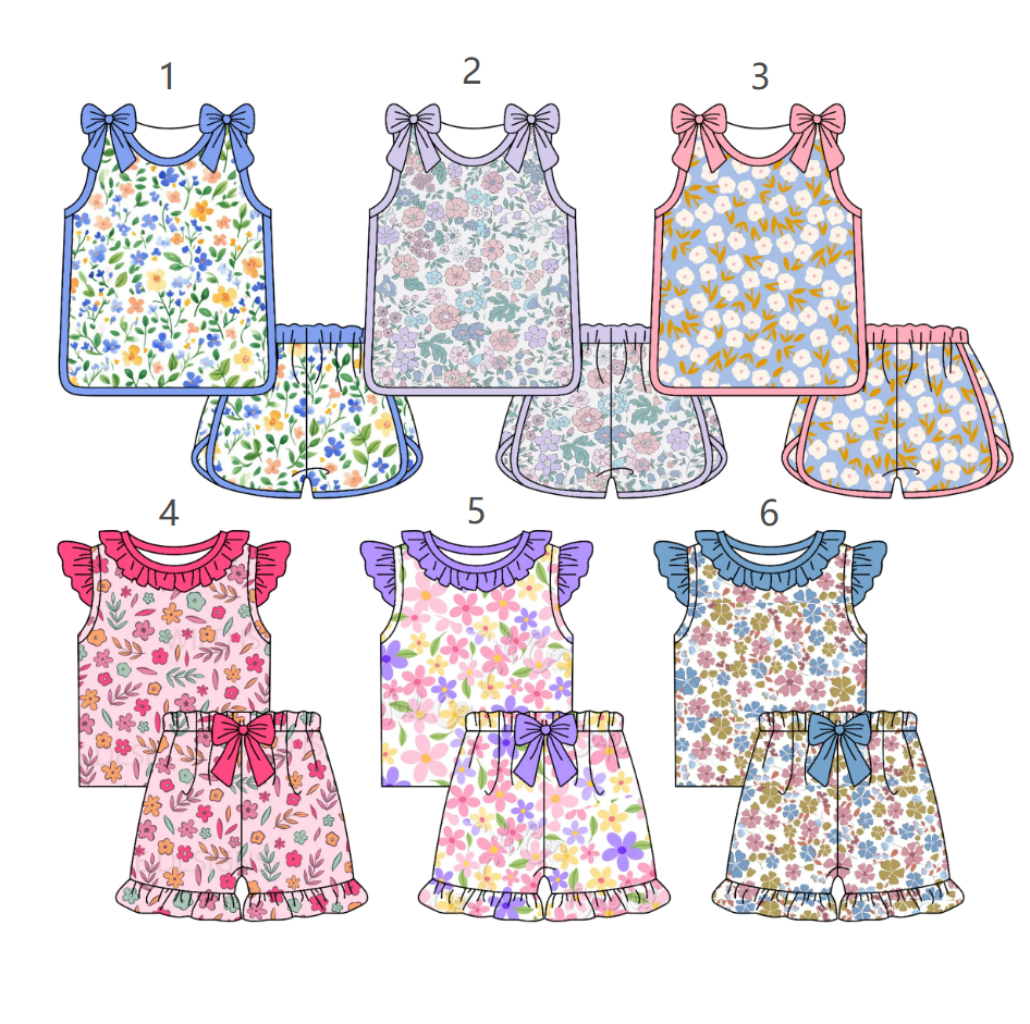 ( Moq 5 Each Style ) Sibling Baby Girls Kids Flower Bows Shirts Shorts Sets Summer Clothes